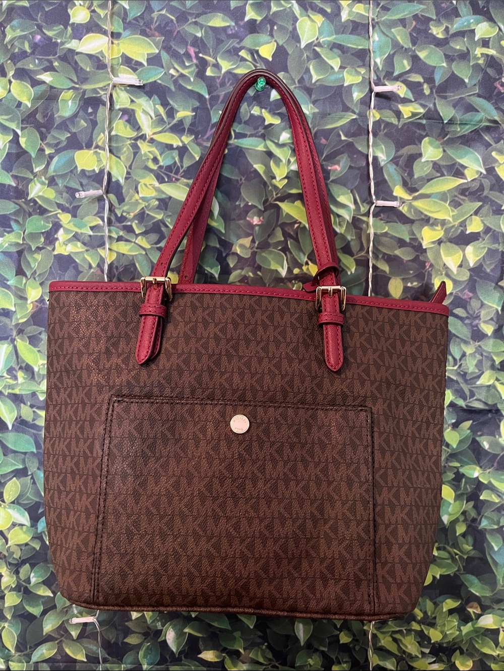 Michael Kors Brown Logo Tote with Burgundy Trim and Handles